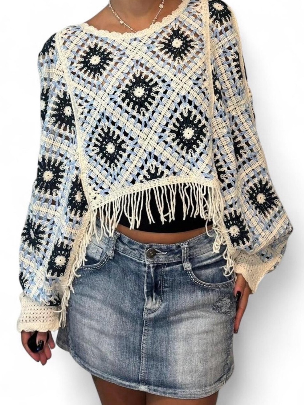 Haute Hippie blue white floral crochet fringe sweater one size boho fairycore